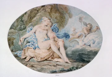 Venus liggend op een bank bezaaid met draperie